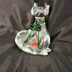Vintage Glass Paper Weight Cat has eaten Goldfish